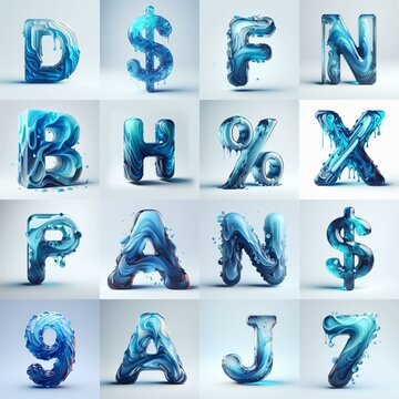 Blue glass 3D Lettering Typeface. AI generated illustration