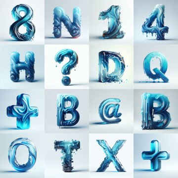Blue glass 3D Lettering Typeface. AI generated illustration