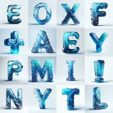 Blue glass 3D Lettering Typeface. AI generated illustration
