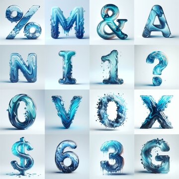 Blue glass 3D Lettering Typeface. AI generated illustration