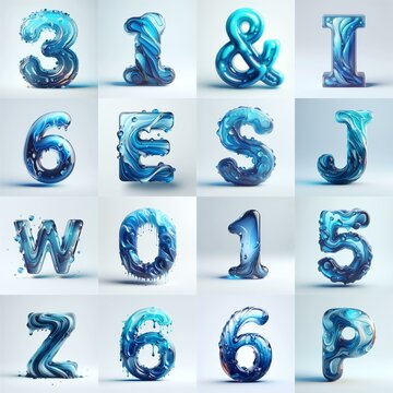 Blue glass 3D Lettering Typeface. AI generated illustration