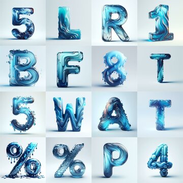 Blue glass 3D Lettering Typeface. AI generated illustration
