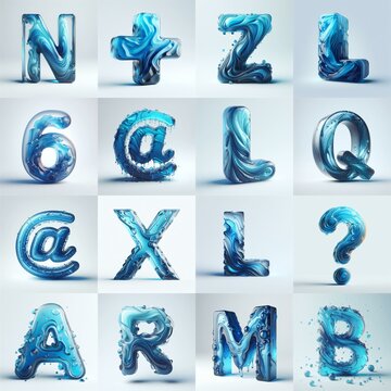 Blue glass 3D Lettering Typeface. AI generated illustration