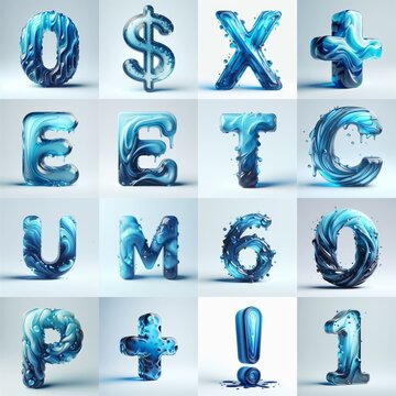 Blue glass 3D Lettering Typeface. AI generated illustration
