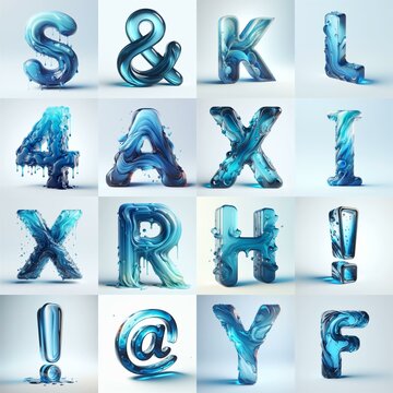 Blue glass 3D Lettering Typeface. AI generated illustration