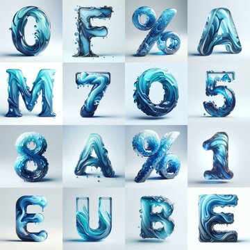 Blue glass 3D Lettering Typeface. AI generated illustration