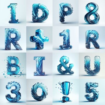 Blue glass 3D Lettering Typeface. AI generated illustration