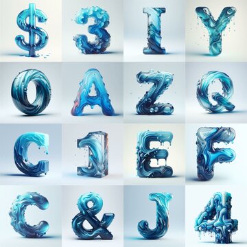 Blue glass 3D Lettering Typeface. AI generated illustration
