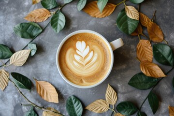 Sticker - Nature themed coffee cup with leaf arrangement in a flat lay position