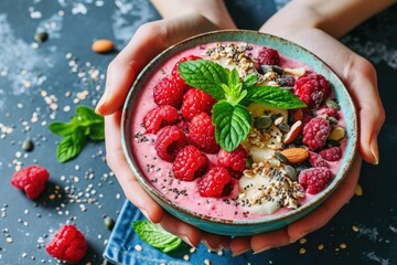 Canvas Print - Nutritious breakfast bowl with fruits nuts seeds and veggies