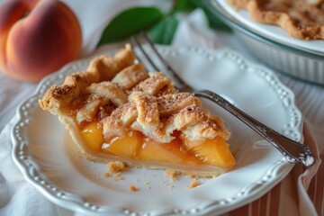 Wall Mural - Peach pie slice on a plate with a fork