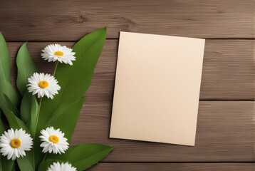 Blank card with white flowers on wooden background