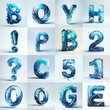 Blue glass 3D Lettering Typeface. AI generated illustration