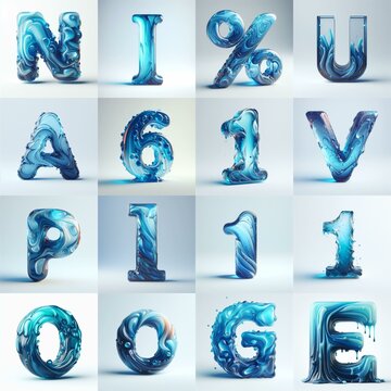 Blue glass 3D Lettering Typeface. AI generated illustration