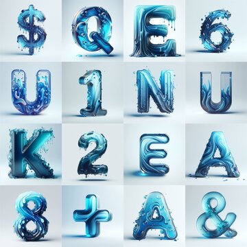 Blue glass 3D Lettering Typeface. AI generated illustration
