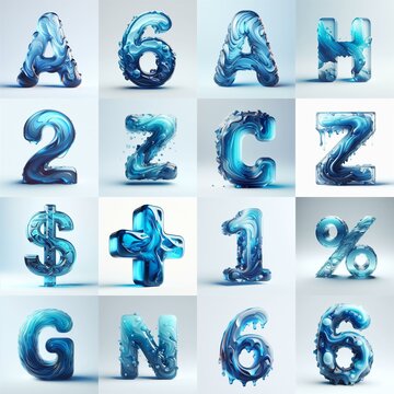 Blue glass 3D Lettering Typeface. AI generated illustration
