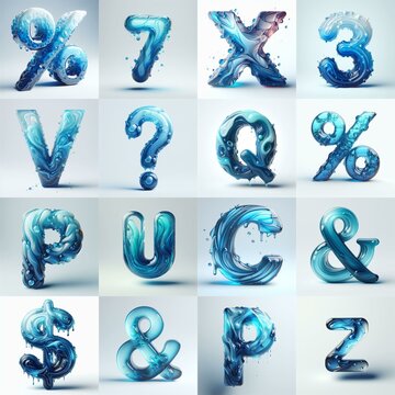 Blue glass 3D Lettering Typeface. AI generated illustration
