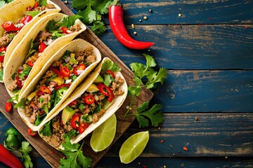 Wall Mural - Pork tacos with veggies and salsa on a rustic blue background Top view