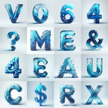 Blue glass 3D Lettering Typeface. AI generated illustration