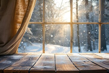 Poster - Product table with window view of snowy forest and morning sun