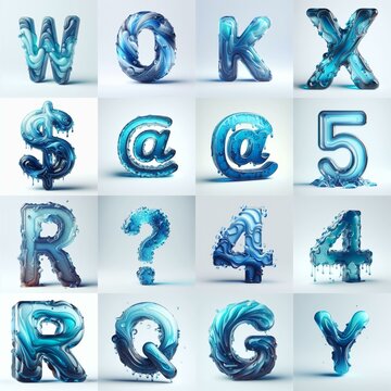 Blue glass 3D Lettering Typeface. AI generated illustration
