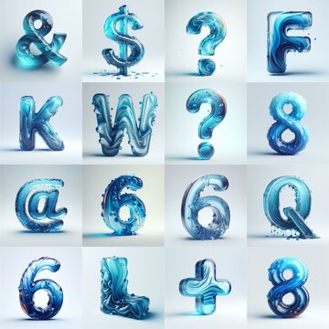 Blue glass 3D Lettering Typeface. AI generated illustration