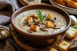 Pureed mushroom soup with croutons