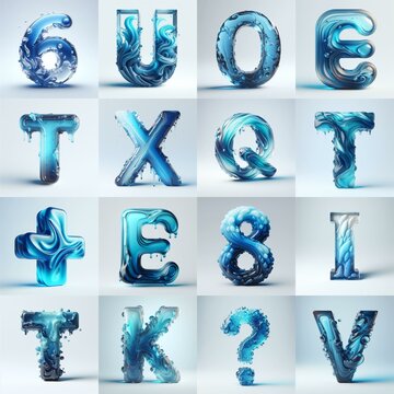 Blue glass 3D Lettering Typeface. AI generated illustration