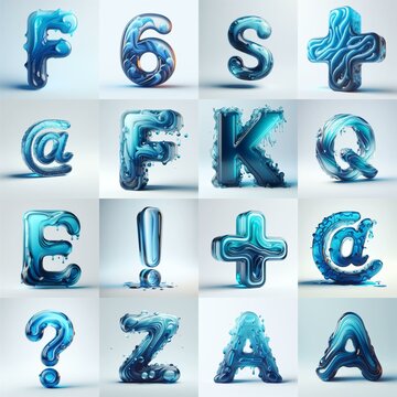 Blue glass 3D Lettering Typeface. AI generated illustration