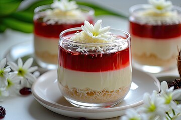 Wall Mural - Red and white layered pudding using coconut milk egg and sugar