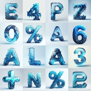 Blue glass 3D Lettering Typeface. AI generated illustration