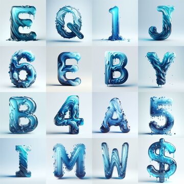 Blue glass 3D Lettering Typeface. AI generated illustration