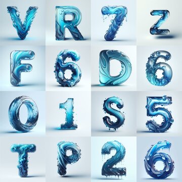 Blue glass 3D Lettering Typeface. AI generated illustration