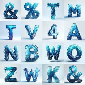 Blue glass 3D Lettering Typeface. AI generated illustration
