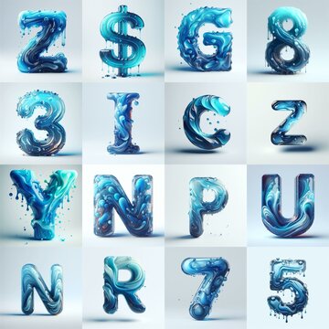 Blue glass 3D Lettering Typeface. AI generated illustration