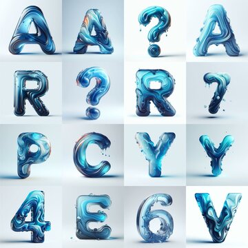 Blue glass 3D Lettering Typeface. AI generated illustration
