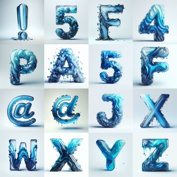 Blue glass 3D Lettering Typeface. AI generated illustration