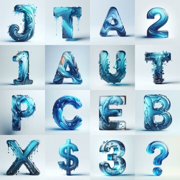 Blue glass 3D Lettering Typeface. AI generated illustration