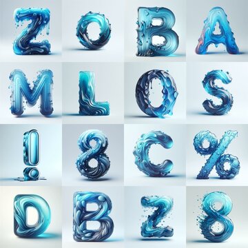 Blue glass 3D Lettering Typeface. AI generated illustration