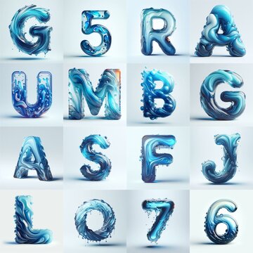 Blue glass 3D Lettering Typeface. AI generated illustration