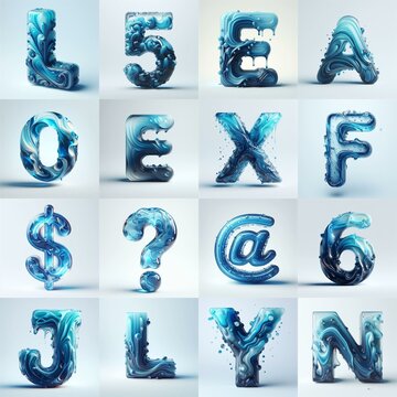 Blue glass 3D Lettering Typeface. AI generated illustration