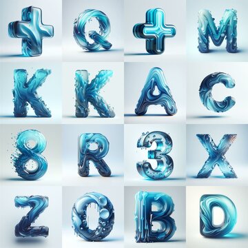 Blue glass 3D Lettering Typeface. AI generated illustration