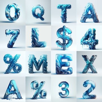 Blue glass 3D Lettering Typeface. AI generated illustration