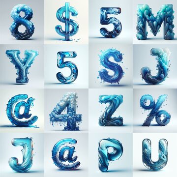 Blue glass 3D Lettering Typeface. AI generated illustration