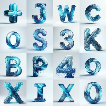 Blue glass 3D Lettering Typeface. AI generated illustration