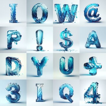 Blue glass 3D Lettering Typeface. AI generated illustration