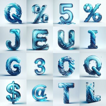 Blue glass 3D Lettering Typeface. AI generated illustration
