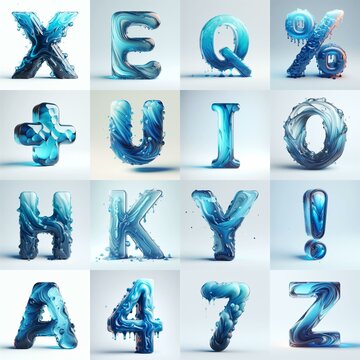 Blue glass 3D Lettering Typeface. AI generated illustration