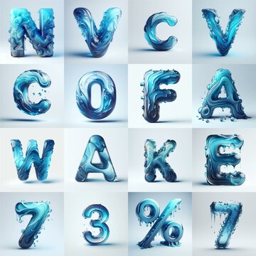 Blue glass 3D Lettering Typeface. AI generated illustration