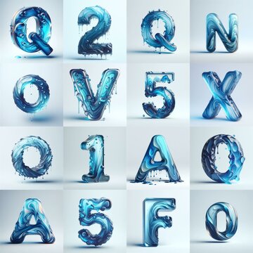 Blue glass 3D Lettering Typeface. AI generated illustration